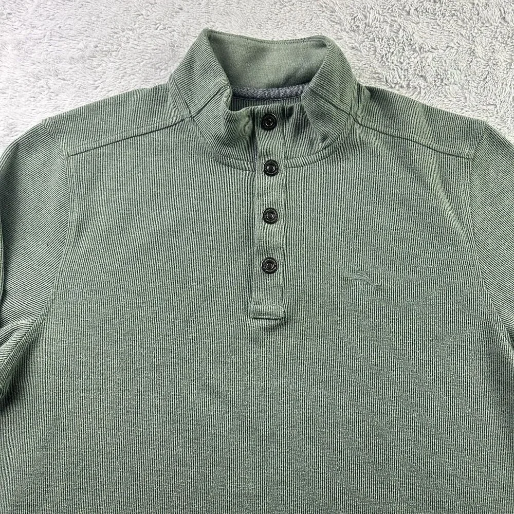 Tommy Bahama Sweater Mens‎ Large Green Ribbed 1/4 Snaps Stretch Casual Office